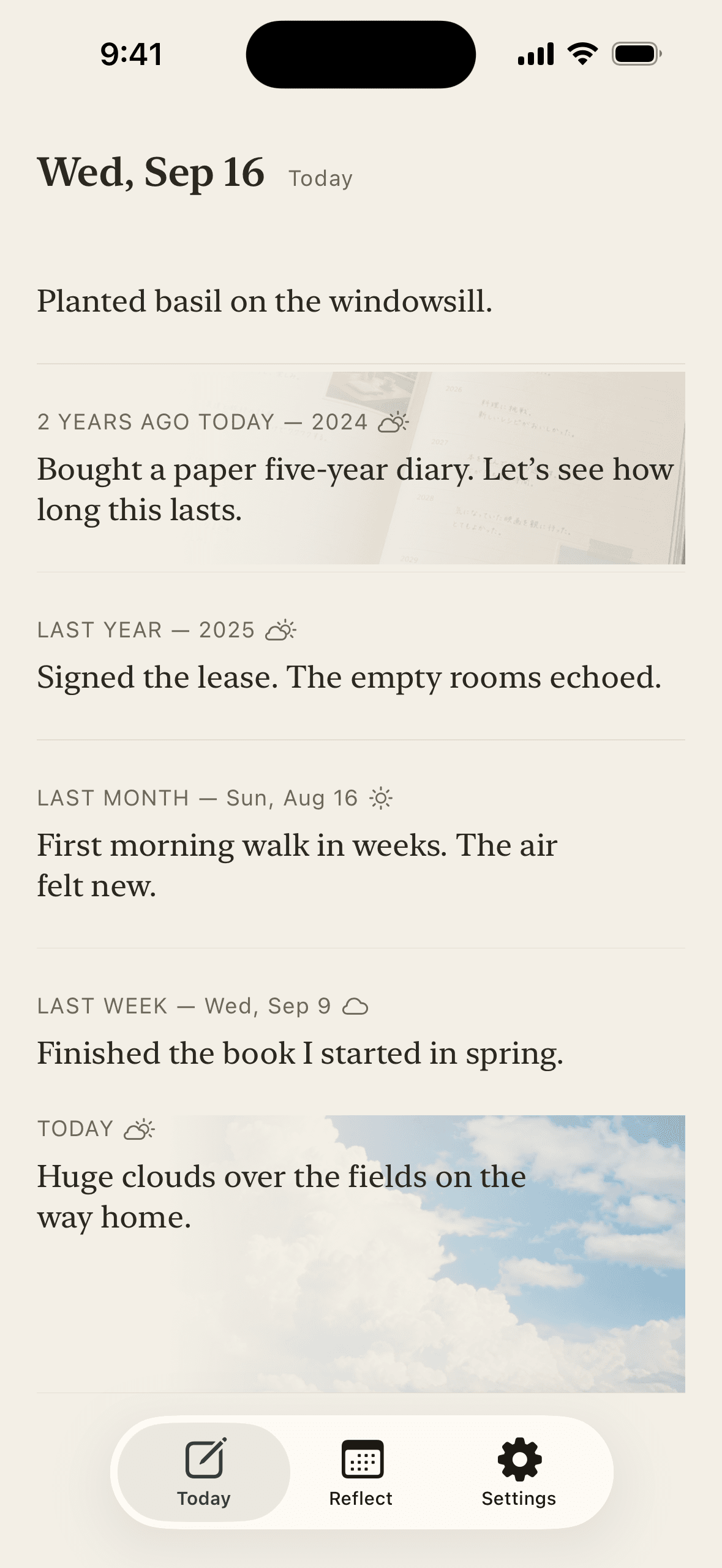 Inkline Today screen: last week, last month and past years stacked above today’s line